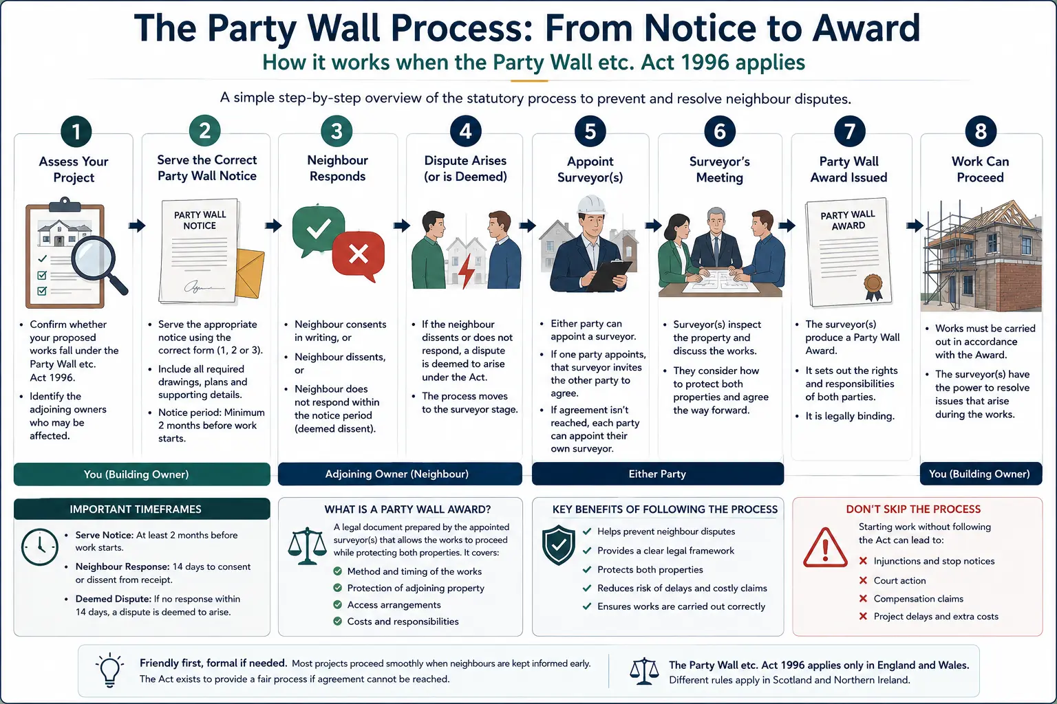 Do I Need a Party Wall Agreement? An infographic showing the party wall process from notice to award in a very interactive way for the citizens living in Nottingham, UK