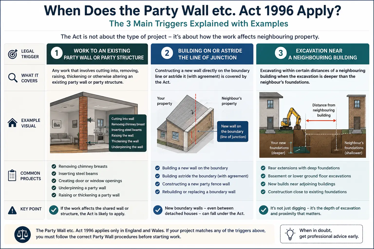Do I Need a Party Wall Agreement? An infographic showing when does the party wall etc act 1996 apply like excavation, junction, painting, in Nottingham, UK